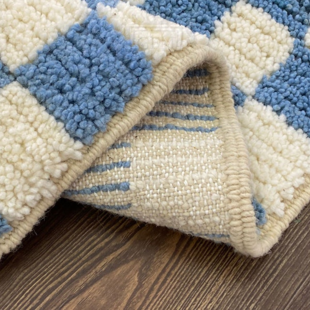 blue and white checkered rug