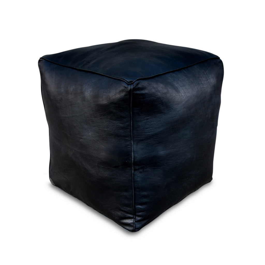 Premium Square Leather Pouf XL - Black - Handmade Ottoman, Footstool, Floor Cushion