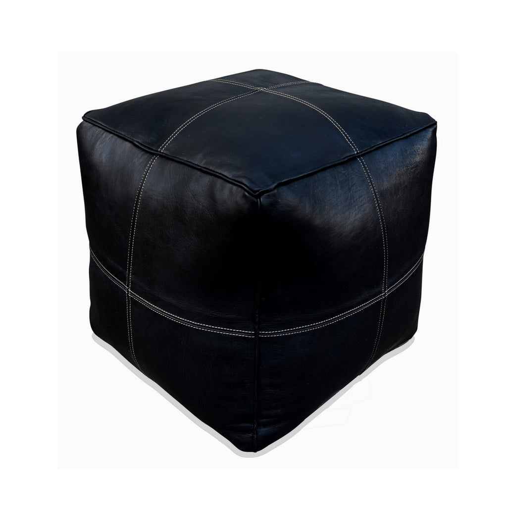 Modern Square Leather Pouf - Black - Handmade Ottoman, Footstool, Floor Cushion