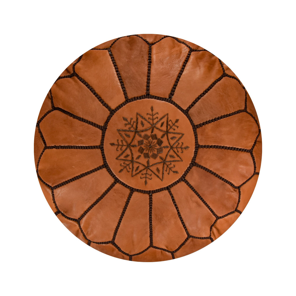 Moroccan Leather Pouffe - Stuffed Ottoman, Footstool, Floor Cushion (Caramel Brown)