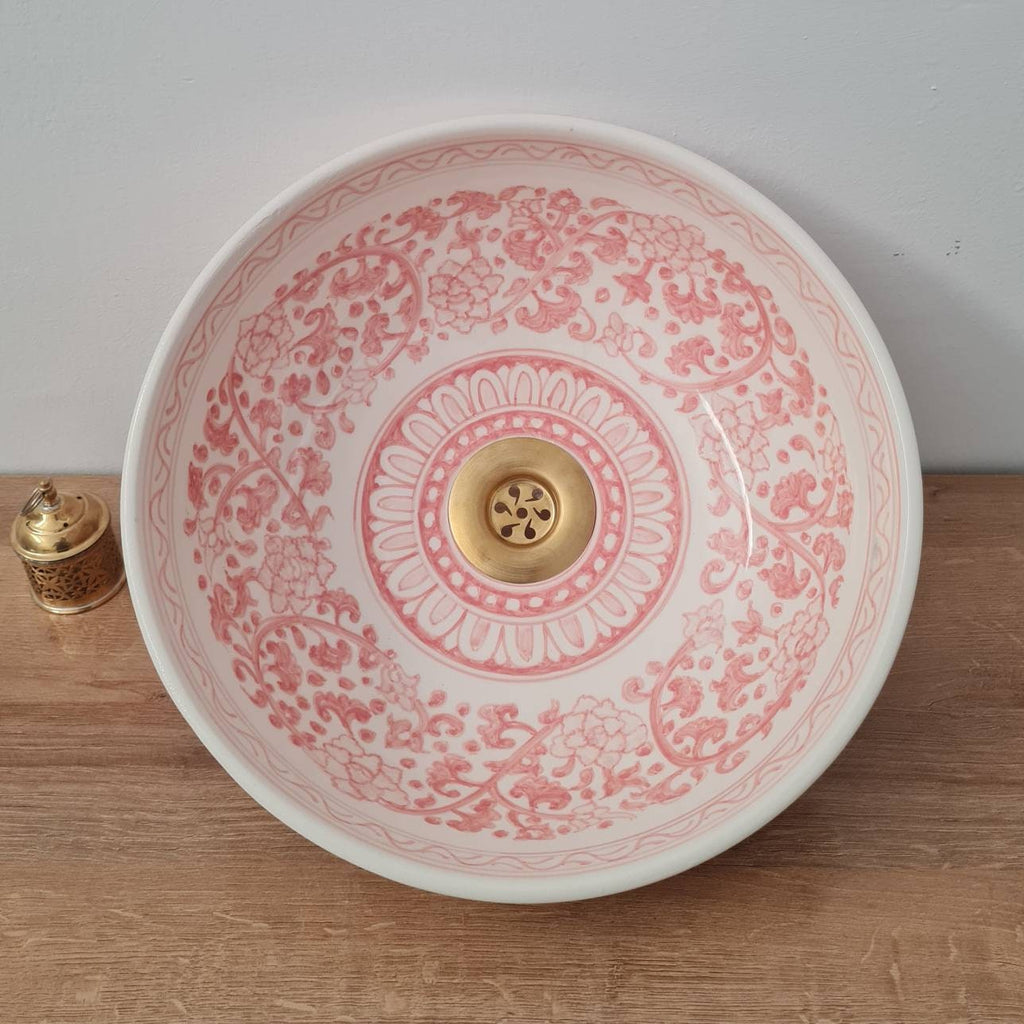 Handmade Pink & White Moroccan Bathroom Vessel Sink - Elegant Artisan Basin