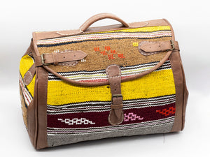 Handmade Moroccan Kilim Leather Weekender Bag - Vintage Bohemian Travel Duffel