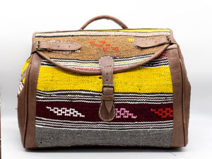 Handmade Moroccan Kilim Leather Weekender Bag - Vintage Bohemian Travel Duffel