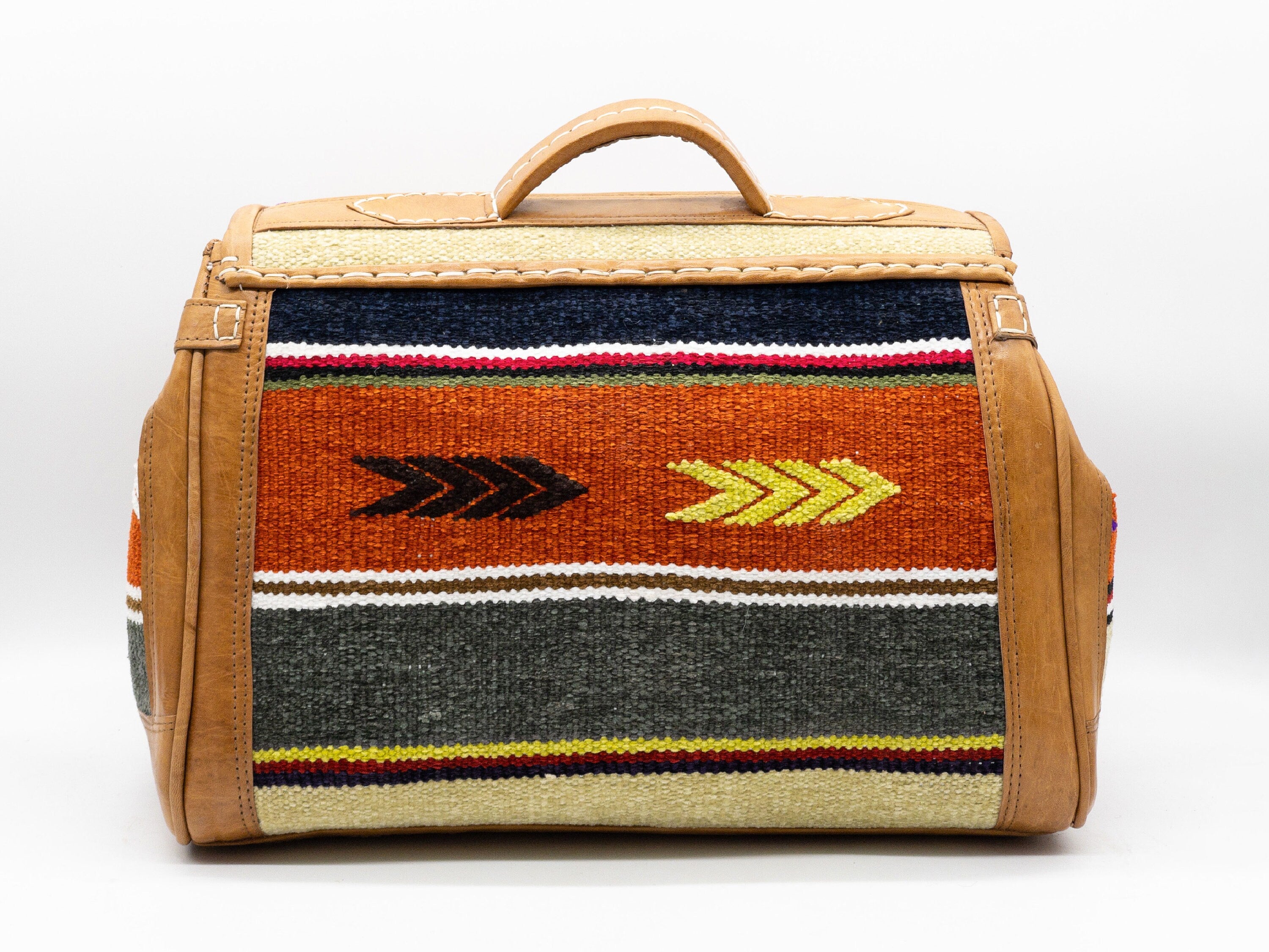 Handmade Moroccan Kilim Leather Weekender Bag - Vintage Bohemian Travel Duffel