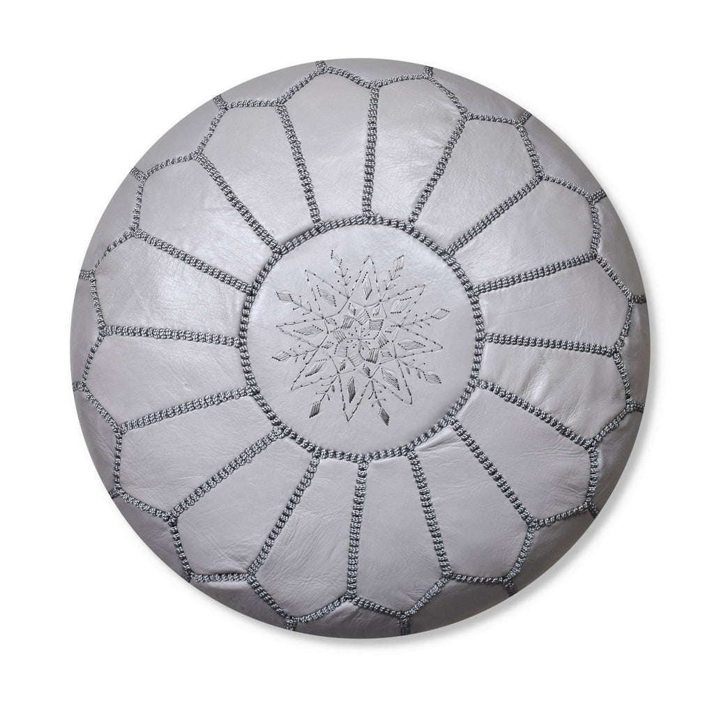 Handmade Moroccan Pouffe – Light Grey Leather Ottoman for Home Decor