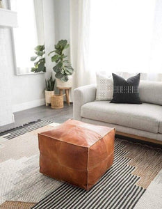 Light tan handmade footstool square pouffe Moroccan