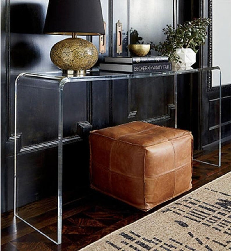 Light tan handmade footstool square pouffe Moroccan