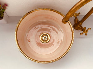 Pink Bathroom Vessel Sink with Brushed Solid Brass Rim | Mid-Century Modern Washbasin | Artisanal Farmhouse Basin
