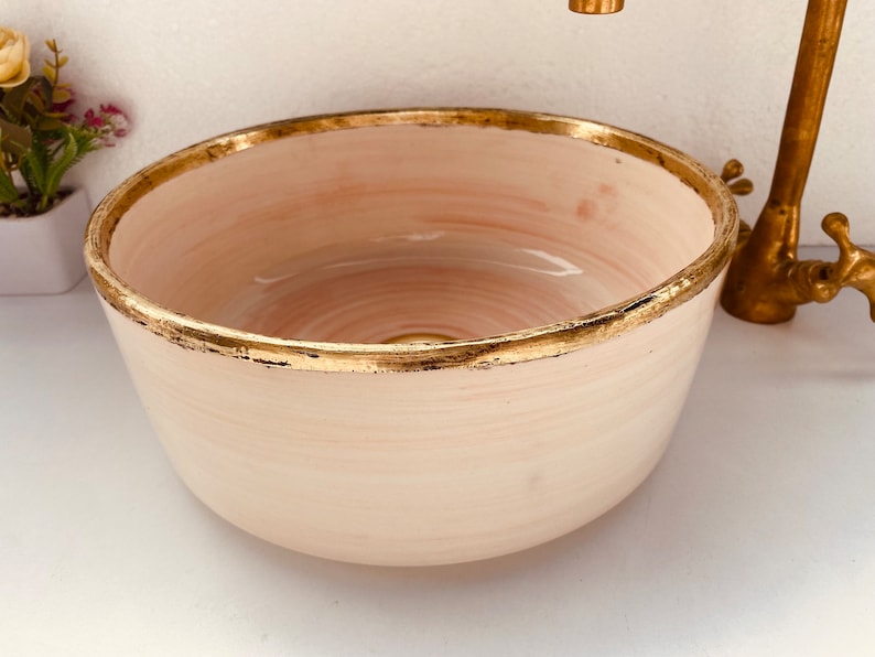 Pink Bathroom Vessel Sink with Brushed Solid Brass Rim | Mid-Century Modern Washbasin | Artisanal Farmhouse Basin