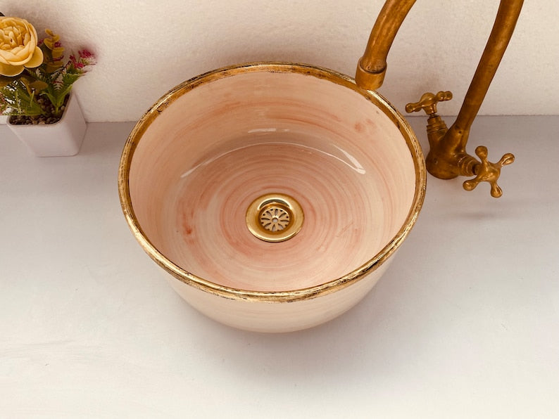 Pink Bathroom Vessel Sink with Brushed Solid Brass Rim | Mid-Century Modern Washbasin | Artisanal Farmhouse Basin