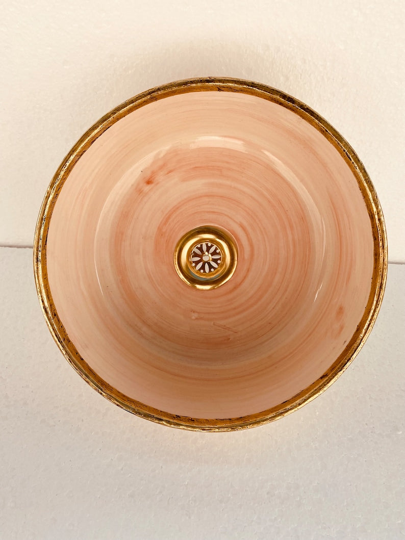 Pink Bathroom Vessel Sink with Brushed Solid Brass Rim | Mid-Century Modern Washbasin | Artisanal Farmhouse Basin