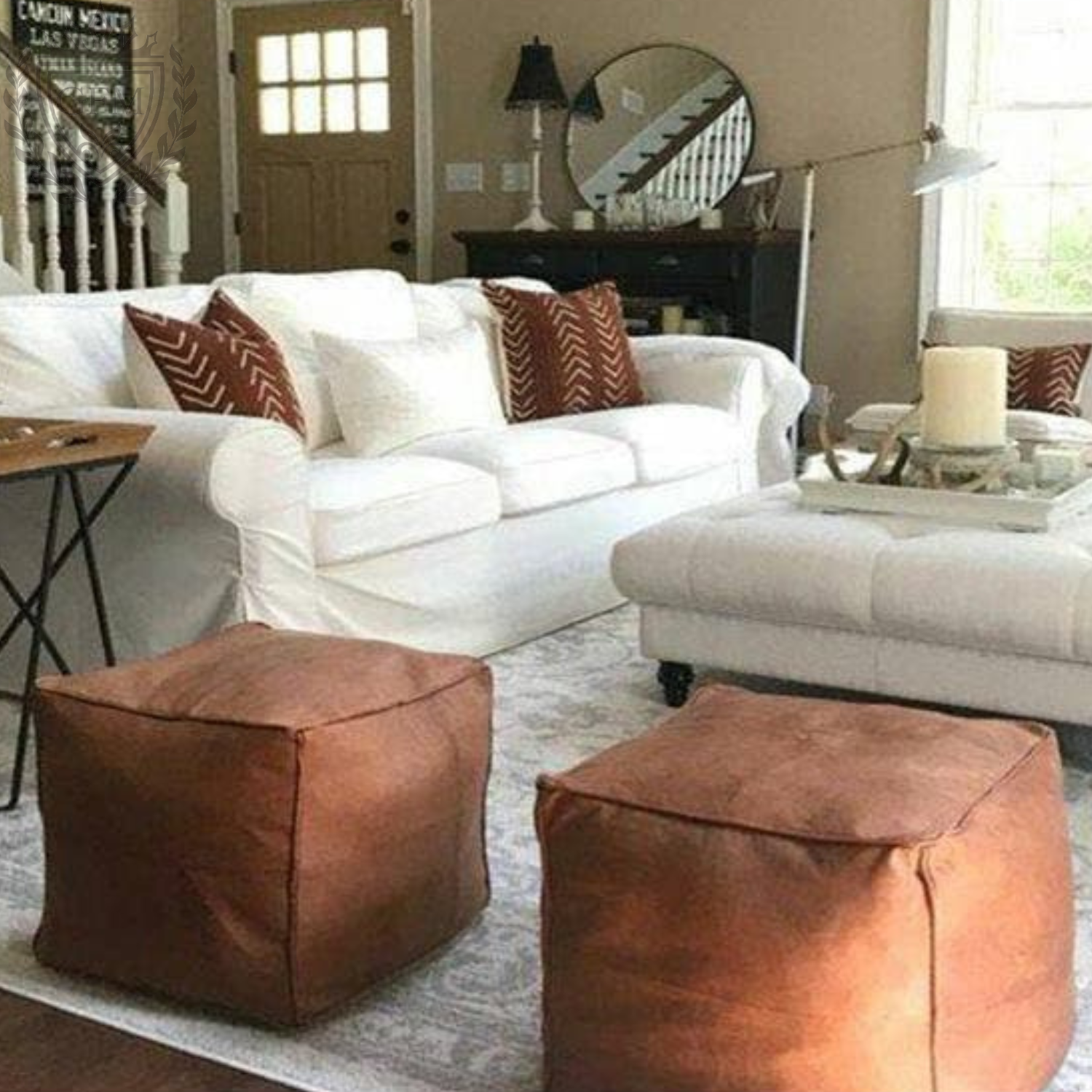 Set of 2 Handmade Square Brown Leather Ottomans